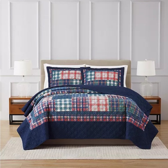 Plaid Navy Bedding Set  Twin Martha Stewart Collection Highland Patchwork Quilt - Picture 1 of 4